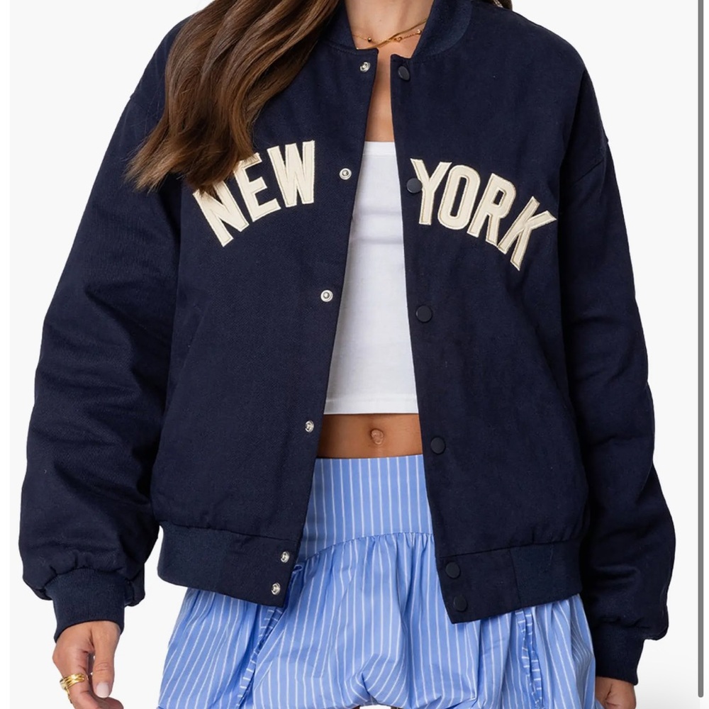 Navy Blue New York Varsity Jacket Big Apple Oversize Bomber Jacket EDIKTED